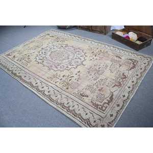 6.1x9.3 ft Vintage Turkish Rug, Large Rug, <b>Brown</b> White Southwestern <b>Wool</b> Rug - Product Image 4