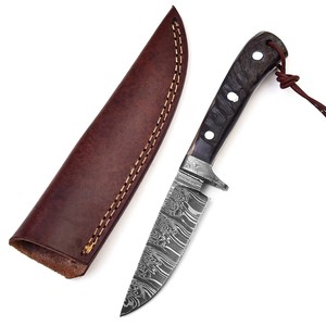 Couteau à lame fixe en acier Damas forgé, fourreau en cuir, EDC, lame pleine, chasse, dépeçage, camping, manche en corne de biche, forge nordique, OEM - Product Image 3
