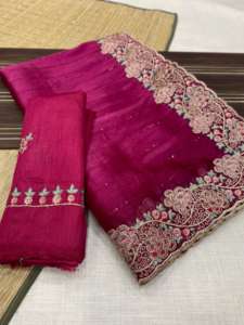 Ropa de fiesta Satén Seda con bordado Trabajo Listo para usar Sari Premium Trabajo manual Mujer Fabricación de moda de la India - Product Image 6