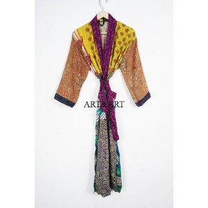 Best Selling Handmade Long 100% Silk Sari Vintage Patchwork Kimono Bridesmaid Robes Free Size Women's Summer Nightwear - Product Image 6