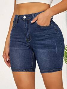 Plain Washed Blue Whickering Denim Shorts, Slash Pocket Stretchy Denim Shorts, Women's Denim <b>Jeans</b> & Clothing From Bangladesh - Product Image 4