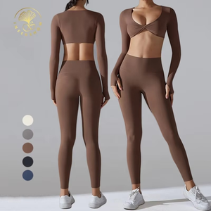 Soutien-gorge de sport torsadé à manches longues et motif solide pour femmes, leggings de yoga, ensembles de fitness d'entraînement 2 pièces - Product Image 6