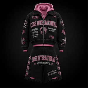 Conjunto de Sudadera con Capucha de Forro Polar Unisex COSH, Estampado de Globo Terráqueo en Negro y Rosa, Estilo Urbano Holgado para Otoño - Product Image 1