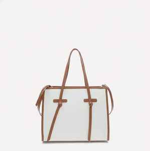 Bolso Tote de Cuero Blanco para Mujer, Bolso de Hombro con Ribete Marrón, Correa con Nudo, Bolso Estructurado, Bolso de Trabajo, Bolso de Compras, Piel Genuina, Grande - Product Image 1