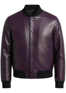 แจ็คเก็ตหนังแท้ทรงวาร์ซิตี้บอมเบอร์สำหรับผู้ชาย พร้อมปกและปลายแขนเสื้อแบบริบ ดีไซน์กระดุมหน้าแบบคลาสสิก - Product Image 2