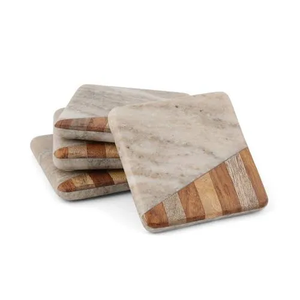 Sous-verres carrés en bois et marbre de style campagnard, faits à la main, écologiques et réutilisables - Cadeau de Noël personnalisé - Product Image 1