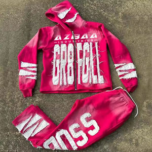 Conjunto de chándal de invierno desgastado Unisex con lavado ácido de etiqueta privada High Street Hoodie Joggers Patchwork Logo 2 piezas de alta visibilidad - Product Image 1