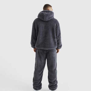 Conjunto de chándal de lana y lana para hombre, Sudadera con capucha de estilo sólido de invierno, estilo callejero estampado de talla grande con cordones - Product Image 1