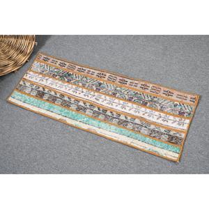 1.1x3.1 ft Vintage Turkish <b>Wool</b> Rug Eco Friendly <b>Brown</b> Patchwork with Latex Backing Traditional Home Dining Room Rug - Product Image 1