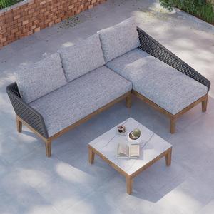 Ensemble de canapé en teck massif en forme de L pour l'extérieur avec un design latéral tissé et des coussins confortables pour patio, terrasse, villa - Product Image 2