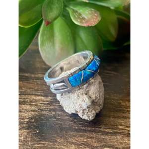 Zuni Handmade Blue Opal & Sterling <b>Silver</b> Gemstone <b>Ring</b> Geometric Design with Rhodium Plating Everyday Wear Cut Pearl Inlay - Product Image 3