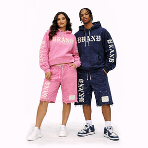 Ensemble sweat à capuche et short unisexe personnalisé 2026, style streetwear oversize avec ourlet déchiré et imprimé lettres de marque audacieuses - Product Image 1