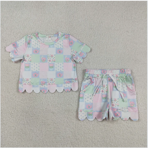 GSSO3229 Ensemble de shorts pour filles à motif floral et à carreaux avec bord festonné - Product Image 5