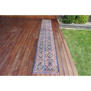 Alfombra Turca Vintage, Alfombra de 1,7x11,2 pies, Alfombra de Lana con Diseño Floral Azul - Product Image 1