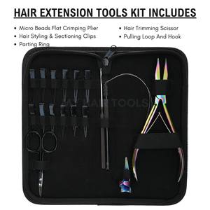 Kit de coiffure pour extensions capillaires : pinces de sectionnement, anneaux de séparation des cheveux, crochets de tirage, passe-fils, pince à sertir plate arc-en-ciel, ciseaux - Product Image 2