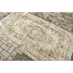 3.7x6.6 ft Rug, Vintage Turkish Rug, <b>Brown</b> Gray Check <b>Wool</b> Rug - Product Image 4