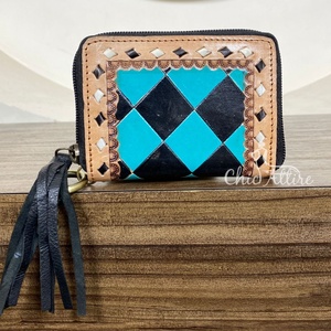 Wholesale Hand <b>Tooled</b> <b>Leather</b> Coin Purse & Card Holders Western Black & Turquoise Checkered Zipper Keychain Wallet with Tassel - Product Image 1