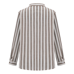 100% Lilen, camisa informal de manga larga para mujer, botón de cuello vuelto, OEM diseño personalizado, ajuste Regular, contraste de Color, botón a rayas frontal - Product Image 4