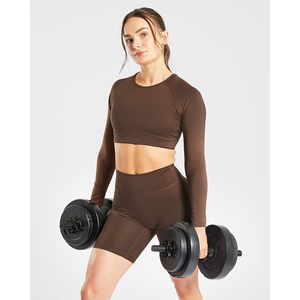 High Demand <b>Brown</b> Women Staple <b>Long</b> <b>Sleeves</b> Crop <b>Top</b> 4 way Stretch Soft And Lightweight Fitness Workout Crop <b>Top</b> Tees for Women - Product Image 6