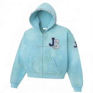 Premium 360 GSM algodón polar cremallera Sudadera con capucha azul cielo con embellecedor de diamantes de imitación y parche de chenilla logotipo personalizado Basics Hoodie - Product Image 3