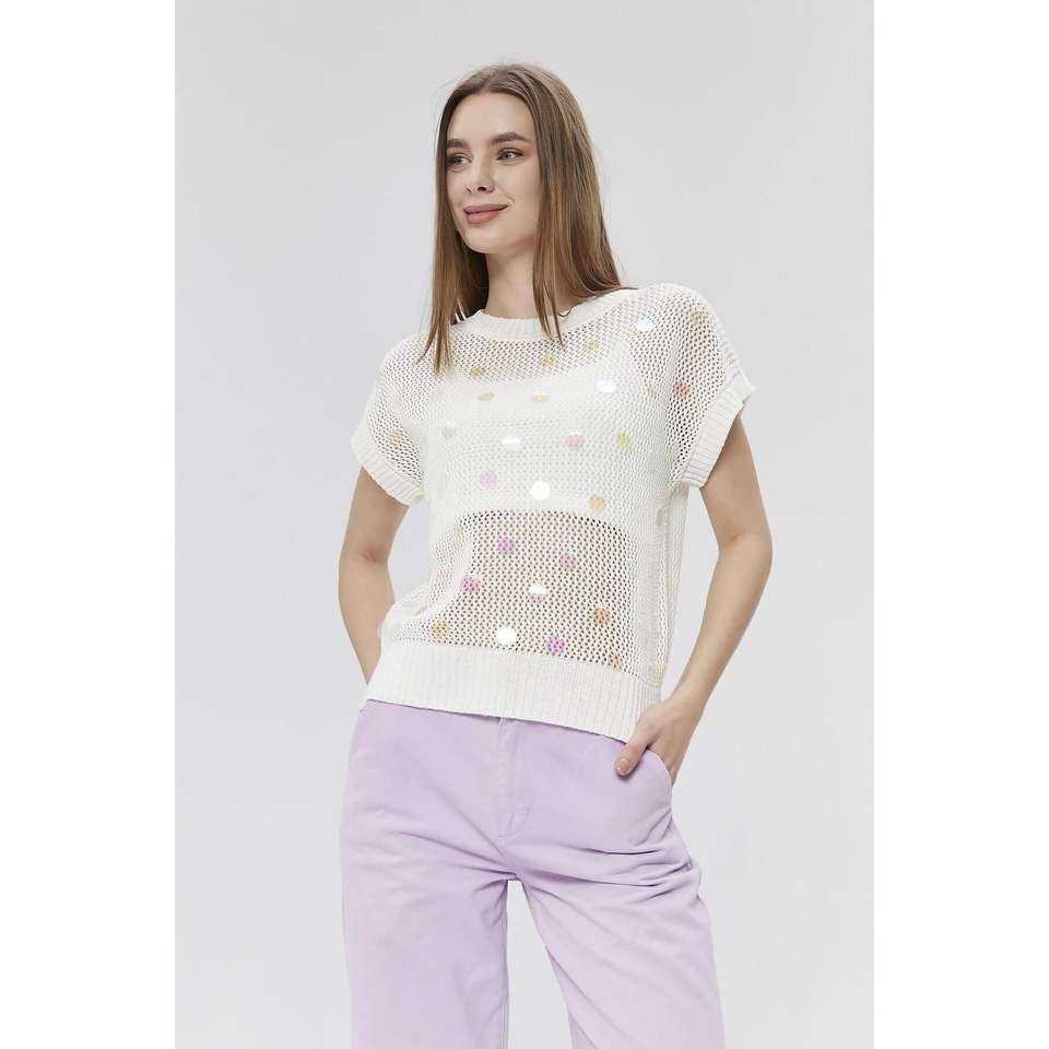 7567-Women's Openwork Sequin Detailed Sweater Blouse Crop Undershirt - Bone
