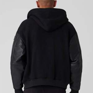 Chaqueta de bombardero de moda para hombre con mangas de cuero real, ropa de abrigo ligera ajustada con cierre de cremallera, perfecta para ropa informal - Product Image 5