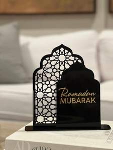 <b>Black</b> Glossy <b>Acrylic</b> Mosque Minaret Table Decor 3pcs Set Ramadan Eid Mubarak Gift Modern Islamic Home Desk Plaque Gold Moon Sign - Product Image 6