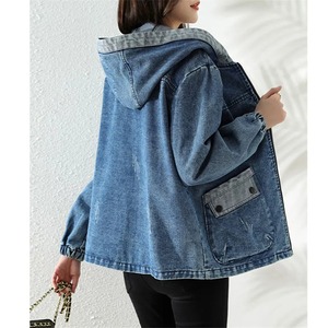 Premium 100% coton élégant lavé à capuche jean veste pour femmes décontracté respirant rayure Rivet nouvelle veste en jean personnalisée - Product Image 2