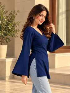 Women’s Solid Navy Blue V Neck Bell Sleeve Tunic <b>Top</b> – Wholesale Casual Fashion Blouse Rayon Casual and Ethnic Wear Short <b>Kurti</b> - Product Image 3