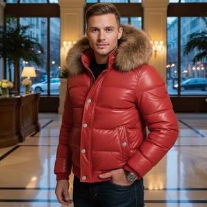 Veste en cuir matelassée décontractée respirante pour homme LEATHER SPOT avec capuche en fourrure de renard, motif à carreaux, fermeture éclair, été - Product Image 4