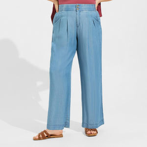 Pantalon en denim 100% coton pour femmes OEM Logo personnalisé Bouton haut Lavage Droit Coupe ample Jambe large Taille moyenne Plus Respirant XL - Product Image 1