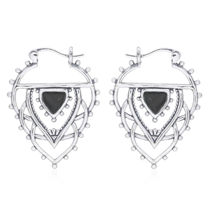 Pendientes de aro de pétalos de plata leales con piedra negra constituida, joyería fina de plata única para venta al por mayor - Product Image 1