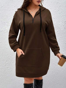 Robe à capuche en polaire mi-longue marron pour femme, style streetwear, avec poche kangourou, épaules tombantes, confortable - Product Image 5