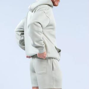 Ensemble de survêtement en molleton technique en coton et polyester personnalisable, respirant, à capuche, uni, blanc, pour le sport, la salle de sport, coupe ample, shorts - Product Image 6