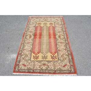 Alfombra Vintage de Lana, Color Rojo y Beige de Anatolia, 3,5X5,8 Pies, Área Grande, Diseño de Retazos Rectangulares para Habitación de Adolescentes, Pasillo con Respaldo de Látex - Product Image 1