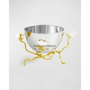 Bol élégant poli brillant argenté en métal robuste avec support de base en forme de feuilles de gingko plaquées or caractéristique résistante à la chaleur - Product Image 1