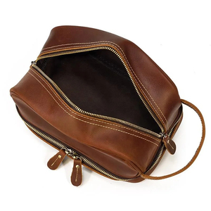 Classic <b>Leather</b> Cosmetic Case with Rivet Detail Zipper Closure <b>Small</b> Size Soft Handle Durable Travel Toiletry <b>Bag</b> - Product Image 5