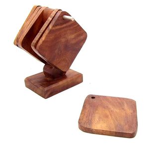 Natural Wooden Square Shape 3 Inch <b>Coaster</b> with Wood Stand Hanging Design for Home Kitchen Office <b>Table</b> Top Desktop Decor - Product Image 2