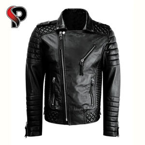 Chaqueta de bombardero de invierno marrón para hombre, chaqueta de cuero ajustada para motocicleta con técnicas bordadas, proceso terminado con cuello redondo - Product Image 1