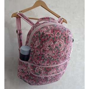 Lightweight Cotton Quilted Mini <b>Backpack</b> <b>with</b> Zipper Closure Handmade in India Floral Hand Block Print for Travel & School Use - Product Image 2