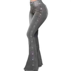 Pantalones transpirables de algodón de tendencia superior para mujer, pantalones elegantes de diseño de piedra Premium, pantalones vaqueros acampanados personalizados Premium - Product Image 5