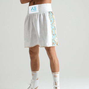 KATBROS <b>Men</b> Boxing Shorts White With Blue Gold Pattern Sublimation Print Quick Dry Regular Fit Martial Arts Wear - Product Image 4