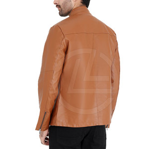 High Quality Sheep Skin Leather Trucker <b>Jacket</b> for <b>Men</b> with Zipper Front and Stand Collar <b>Canvas</b> Fabric - Product Image 4
