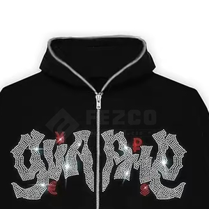 Men's <b>Black</b> Rhinestone <b>Hoodie</b> <b>Zipper</b>-Up Oversized Hip Hop Sweatshirt Front Logo Knitted Cotton Regular Sleeve Autumn Style - Product Image 5