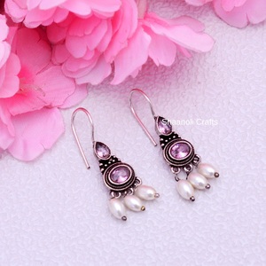 Indian Style Designer Party <b>Favors</b> Silver Oxidized Hook Earrings With Stud Gemstone Work Jhumkas Earring Jewelry for Women - Product Image 1