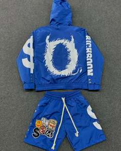 Streetwear d'été pour hommes, veste coupe-vent en nylon, sweat à capuche et short, survêtement avec logo brodé à la flamme, ensemble deux pièces - Product Image 1