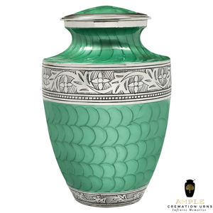 Urnes funéraires artisanales vertes et argentées pour adulte, 10 pouces, avec sac en velours - Product Image 1
