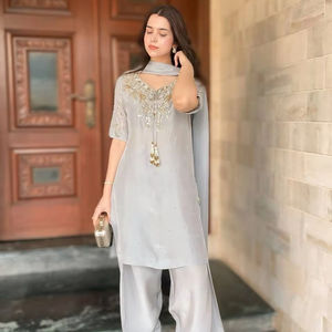 เดรสแขนยาวผ้าไหมสไตล์ปากีสถาน Kameez Dupatta ดีไซน์เนอร์ทำมือสำหรับงานแต่งงานและงานปาร์ตี้ - Product Image 1