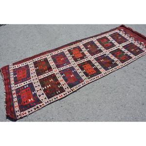 2.7x8 ft Turkish Vintage Rug, <b>Runner</b> Rug, <b>Red</b> Blue Bordered Wool Rug - Product Image 2