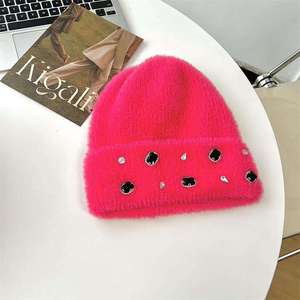 Wholesale Fashion Winter Knit <b>Hat</b> Warm <b>Faux</b> <b>Fur</b> Woolen Cap Crystal Shine Rhinestone Beanie - Product Image 3